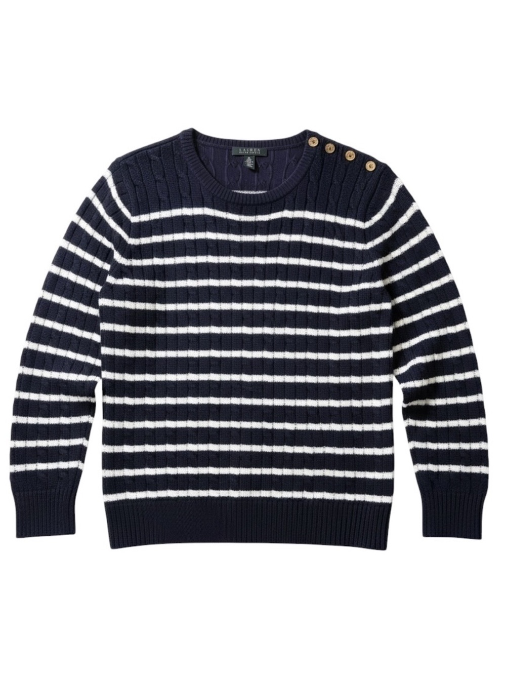 Lauren Ralph Lauren Navy Ivory Striped Cable Knit
Button Shoulder Sweater 2X